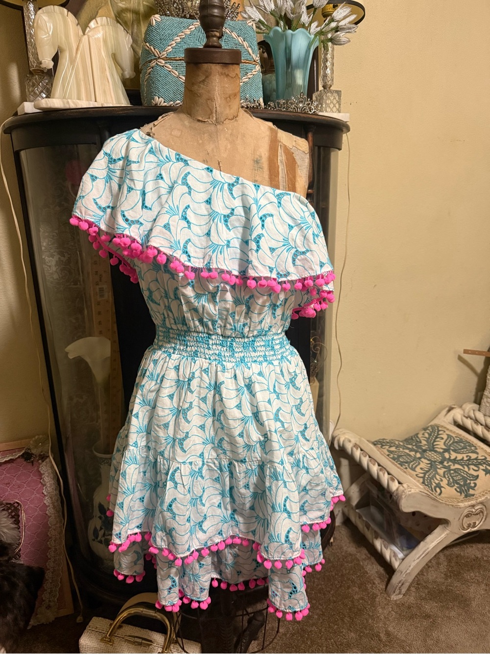 Lilly Pulitzer White and Turquoise One-Shoulder Dress with Pink Pom Trim - Picture 4 of 4